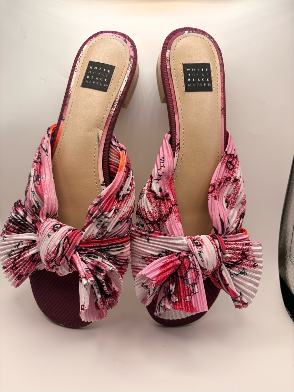 White House Black Market Pink Floral Knot Slide Mules